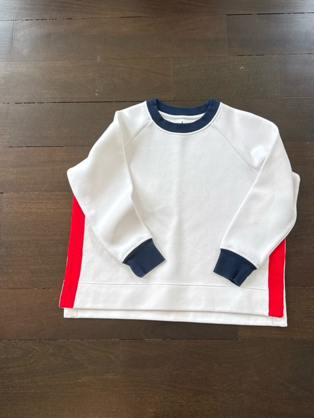Tuckernuck White Crewneck Sweatshirt with Navy Trim and Red Side Panels